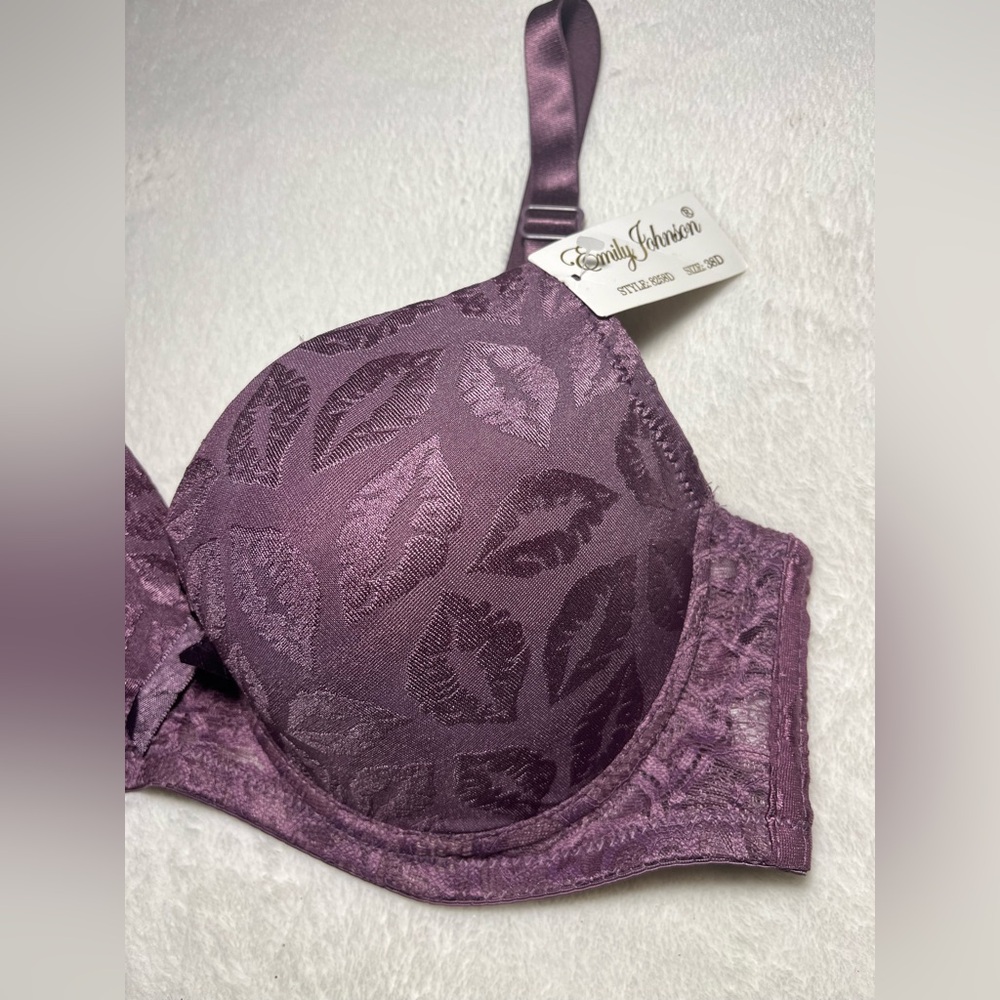 New Emily Johnson Elegant Purple Leaf Pattern Bra Sz 38D - Picture 3 of 8